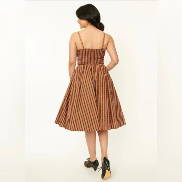 🦋B2G1🦋UNIQUE VINTAGE 50’s Orange & Black Plaid Shimmy & Shake Swing Dres… - Picture 2 of 12